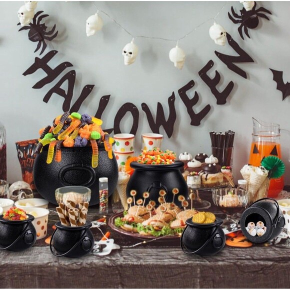 GloCamping 5ct Halloween Plastic Black Cauldrons With Rope Handles Large-Small - Picture 8 of 9